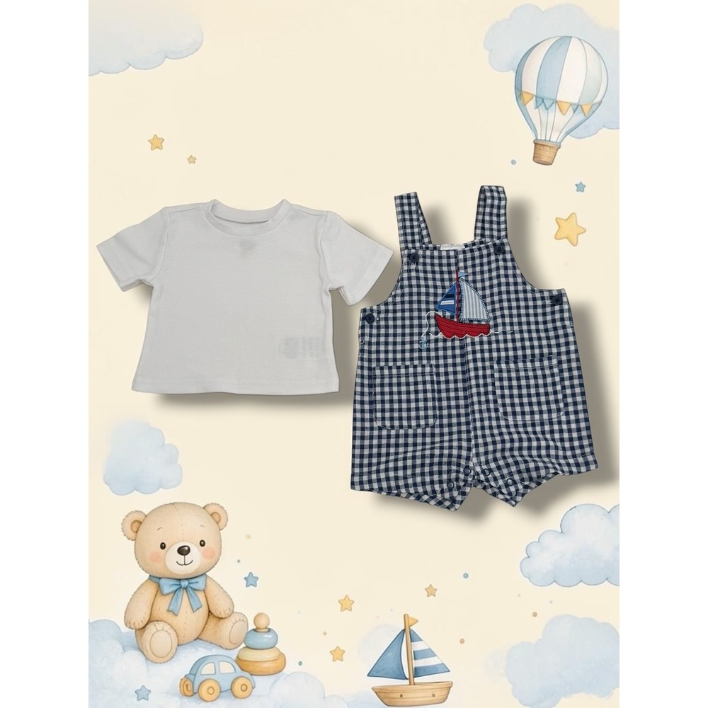 Little Me Sailboat Gingham Embroidered Shortall & Tee Set Blue White 9M